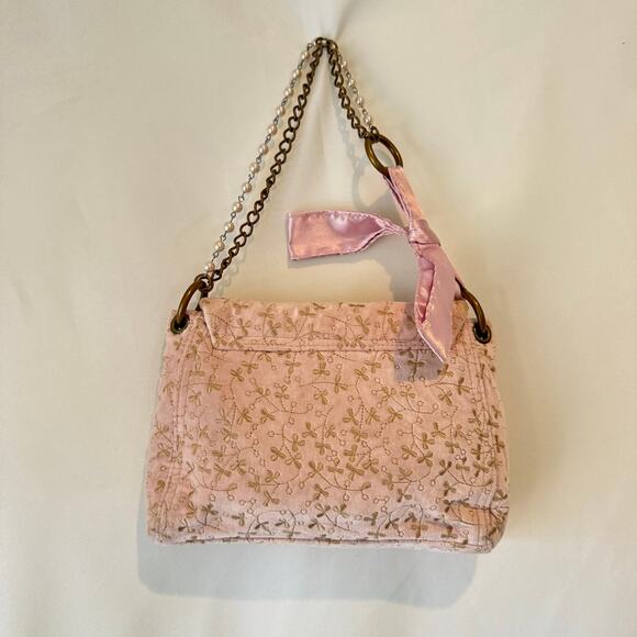 Vintage Y2K GAP Velvet Purse Pink Gold Embroidered Bow Pearl Chain Coquette EUC - Picture 7 of 10
